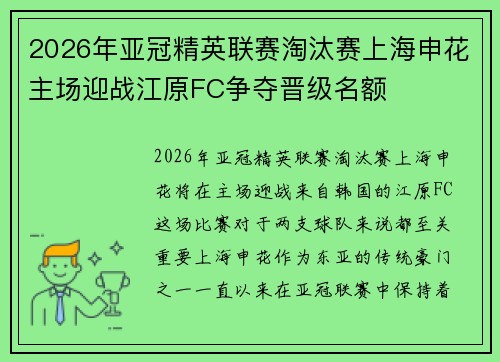 2026年亚冠精英联赛淘汰赛上海申花主场迎战江原FC争夺晋级名额 2026年亚冠精英联赛淘汰赛上海申花主场迎战江原FC争夺晋级名额