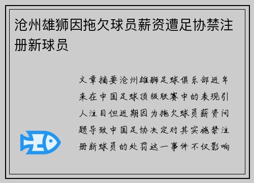 沧州雄狮因拖欠球员薪资遭足协禁注册新球员